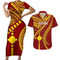 Personalised Fiji Rotuma Couples Matching Short Sleeve Bodycon Dress and Hawaiian Shirt Fijian Tapa Pattern LT14 Maroon - Polynesian Pride