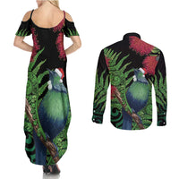 New Zealand Tui Bird Christmas Couples Matching Summer Maxi Dress and Long Sleeve Button Shirt Maori Fern Mix Pohotukawa