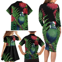 New Zealand Tui Bird Christmas Family Matching Long Sleeve Bodycon Dress and Hawaiian Shirt Maori Fern Mix Pohotukawa
