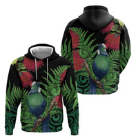 New Zealand Tui Bird Christmas Zip Hoodie Maori Fern Mix Pohotukawa