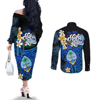 Hafa Adai Guam Couples Matching Off The Shoulder Long Sleeve Dress and Long Sleeve Button Shirt Guahan Sea Turtle Tropical Style LT14 - Polynesian Pride
