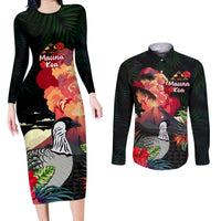 Hawaii Mauna Kea Couples Matching Long Sleeve Bodycon Dress and Long Sleeve Button Shirt White Mountain With Nene Tropical Vibes LT14 Black - Polynesian Pride