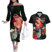 Hawaii Mauna Kea Couples Matching Off The Shoulder Long Sleeve Dress and Hawaiian Shirt White Mountain With Nene Tropical Vibes LT14 Black - Polynesian Pride