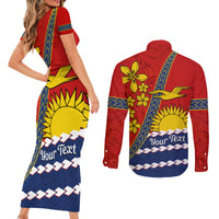 Personalised Mauri Kiribati Couples Matching Short Sleeve Bodycon Dress and Long Sleeve Button Shirt Polynesian Ribaberiki Flag Style Mix Plumeria LT14 - Polynesian Pride