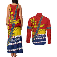 Personalised Mauri Kiribati Couples Matching Tank Maxi Dress and Long Sleeve Button Shirt Polynesian Ribaberiki Flag Style Mix Plumeria LT14 - Polynesian Pride