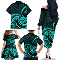 Turquoise New Zealand Mangopare Family Matching Off Shoulder Long Sleeve Dress and Hawaiian Shirt Aotearoa Maori Koru Style LT14 - Polynesian Pride