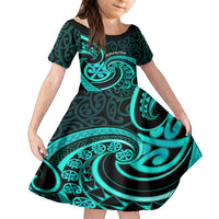 Turquoise New Zealand Mangopare Family Matching Summer Maxi Dress and Hawaiian Shirt Aotearoa Maori Koru Style LT14 Daughter's Dress Turquoise - Polynesian Pride