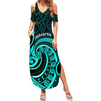 Turquoise New Zealand Mangopare Family Matching Summer Maxi Dress and Hawaiian Shirt Aotearoa Maori Koru Style LT14 Mom's Dress Turquoise - Polynesian Pride