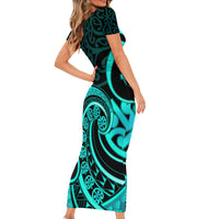 Turquoise New Zealand Mangopare Short Sleeve Bodycon Dress Aotearoa Maori Koru Style LT14 - Polynesian Pride