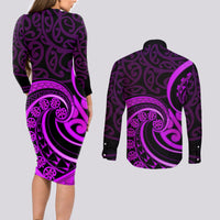 Purple Aotearoa Mangopare Couples Matching Long Sleeve Bodycon Dress and Long Sleeve Button Shirt NZ Maori Koru Style LT14 - Polynesian Pride