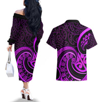 Purple Aotearoa Mangopare Couples Matching Off The Shoulder Long Sleeve Dress and Hawaiian Shirt NZ Maori Koru Style LT14 - Polynesian Pride