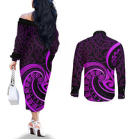 Purple Aotearoa Mangopare Couples Matching Off The Shoulder Long Sleeve Dress and Long Sleeve Button Shirt NZ Maori Koru Style LT14 - Polynesian Pride