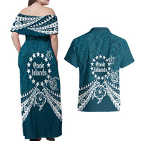 Kia Orana Cook Islands Couples Matching Off Shoulder Maxi Dress and Hawaiian Shirt Polynesian Turtle Crowberry Blue Color