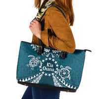 Kia Orana Cook Islands Leather Tote Bag Polynesian Turtle Crowberry Blue Color
