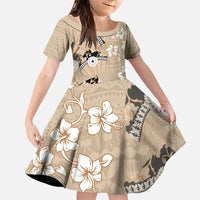 Bula Fiji Iri Buli Family Matching Puletasi and Hawaiian Shirt Woven Fan With Fijian Tapa LT14 Daughter's Dress Beige - Polynesian Pride
