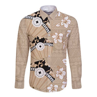 Bula Fiji Iri Buli Long Sleeve Button Shirt Woven Fan With Fijian Tapa LT14 Unisex Beige - Polynesian Pride