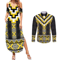 Yellow Taniko Aotearoa Couples Matching Summer Maxi Dress and Long Sleeve Button Shirt Niho Taniwha Mix Poutama LT14 Yellow - Polynesian Pride