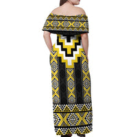Yellow Taniko Aotearoa Off Shoulder Maxi Dress Niho Taniwha Mix Poutama