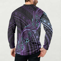 Teal Purple Polynesia Plumeria Tattoo Button Sweatshirt
