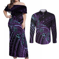 Teal Purple Polynesia Plumeria Tattoo Couples Matching Off Shoulder Maxi Dress and Long Sleeve Button Shirt LT14 Purple - Polynesian Pride
