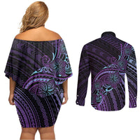 Teal Purple Polynesia Plumeria Tattoo Couples Matching Off Shoulder Short Dress and Long Sleeve Button Shirt