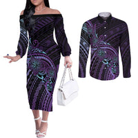 Teal Purple Polynesia Plumeria Tattoo Couples Matching Off The Shoulder Long Sleeve Dress and Long Sleeve Button Shirt
