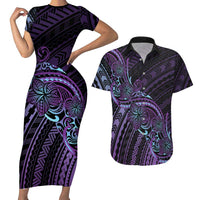 Teal Purple Polynesia Plumeria Tattoo Couples Matching Short Sleeve Bodycon Dress and Hawaiian Shirt