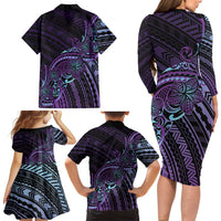 Teal Purple Polynesia Plumeria Tattoo Family Matching Long Sleeve Bodycon Dress and Hawaiian Shirt