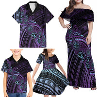 Teal Purple Polynesia Plumeria Tattoo Family Matching Off Shoulder Maxi Dress and Hawaiian Shirt