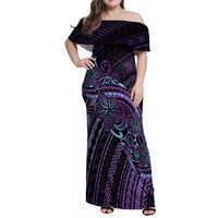 Teal Purple Polynesia Plumeria Tattoo Family Matching Off Shoulder Maxi Dress and Hawaiian Shirt