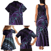 Teal Purple Polynesia Plumeria Tattoo Family Matching Tank Maxi Dress and Hawaiian Shirt
