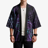 Teal Purple Polynesia Plumeria Tattoo Kimono
