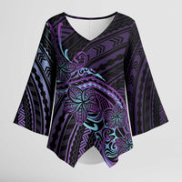 Teal Purple Polynesia Plumeria Tattoo Kimono Sleeve Blouse