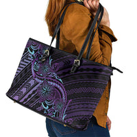 Teal Purple Polynesia Plumeria Tattoo Leather Tote Bag