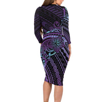 Teal Purple Polynesia Plumeria Tattoo Long Sleeve Bodycon Dress LT14 - Polynesian Pride