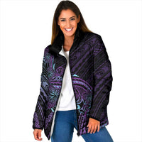 Teal Purple Polynesia Plumeria Tattoo Padded Jacket