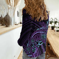 Teal Purple Polynesia Plumeria Tattoo Women Casual Shirt