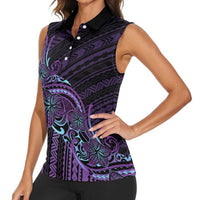 Teal Purple Polynesia Plumeria Tattoo Women Sleeveless Polo Shirt