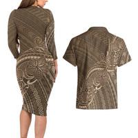 Brown Polynesia Plumeria Tattoo Couples Matching Long Sleeve Bodycon Dress and Hawaiian Shirt LT14 - Polynesian Pride