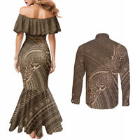 Brown Polynesia Plumeria Tattoo Couples Matching Mermaid Dress and Long Sleeve Button Shirt