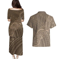 Brown Polynesia Plumeria Tattoo Couples Matching Puletasi and Hawaiian Shirt LT14 - Polynesian Pride