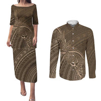 Brown Polynesia Plumeria Tattoo Couples Matching Puletasi and Long Sleeve Button Shirt