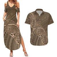 Brown Polynesia Plumeria Tattoo Couples Matching Summer Maxi Dress and Hawaiian Shirt