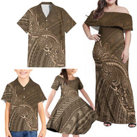 Brown Polynesia Plumeria Tattoo Family Matching Off Shoulder Maxi Dress and Hawaiian Shirt