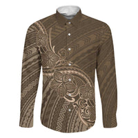 Brown Polynesia Plumeria Tattoo Family Matching Off Shoulder Maxi Dress and Hawaiian Shirt