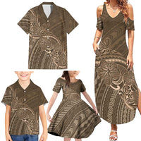 Brown Polynesia Plumeria Tattoo Family Matching Summer Maxi Dress and Hawaiian Shirt