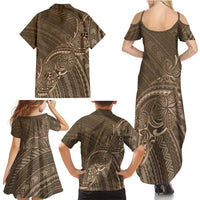 Brown Polynesia Plumeria Tattoo Family Matching Summer Maxi Dress and Hawaiian Shirt