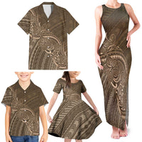 Brown Polynesia Plumeria Tattoo Family Matching Tank Maxi Dress and Hawaiian Shirt