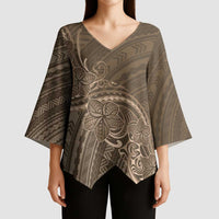 Brown Polynesia Plumeria Tattoo Kimono Sleeve Blouse