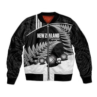 Custom New Zealand Silver Fern Petanque Sleeve Zip Bomber Jacket Aotearoa Maori Pattern LT14 Unisex Black - Polynesian Pride